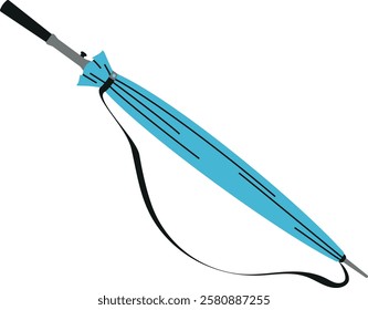 Closed blue cane walking umbrella. Vector illustration isolated on transparent background. Parasol for rainy weather. Rain protection accessory.