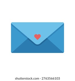 Closed blue envelope with a red heart on the flap, symbolizing love letters, romantic messages, valentines, and heartfelt correspondence flat vector.