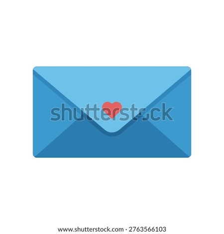 Closed blue envelope with a red heart on the flap, symbolizing love letters, romantic messages, valentines, and heartfelt correspondence flat vector.