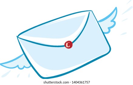 Un sobre azul cerrado con un sello rojo y alas, vector, dibujo de color o ilustración. 