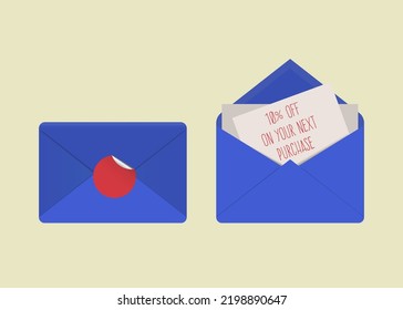 A Closed Blue Envelope With A Red Sticker And An Open Blue Envelope With A Discount Coupon