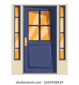 Closed blue front door with glass panels and sidelights, inviting you into a cozy and stylish home