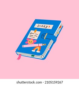 Closed blue Notebook. Organizer for to do lists, personal plans, goals. Diary with stick notes, stickers, bookmarks, pen. Hand drawn modern Vector illustration. Isolated on pink. Cartoon style