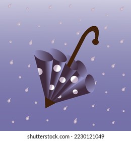 Closed blue paper-cut umbrella with beautiful polka dots against the background of rain. Vector graphics.