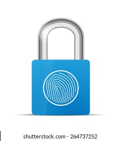 Closed blue realistic lock with fingerprint scanner icon isolated on white