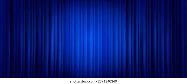 Closed blue theater or cinema curtain on stage with circle spotlight. Realistic vector background of broadway show or movie ceremony fabric waved drapery. Backdrop velvet tissue on scene with light.