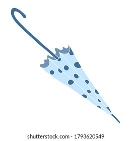 Closed blue umbrella decorated with polka dots. Hand drawn vector illustration Isolated on white background.