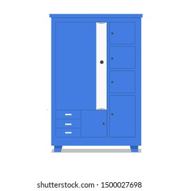 Closed blue wardrobe in flat style, can be used for interior design of house or office, natural wood furniture.