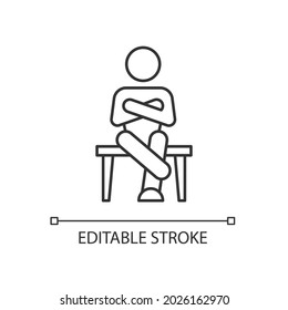 Closed body language linear icon. Crossed legs, arms. Showing discomfort. Nonverbal communication. Thin line customizable illustration. Contour symbol. Vector isolated outline drawing. Editable stroke