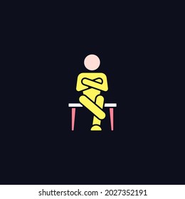 Closed body language RGB color icon for dark theme. Crossed legs, arms. Nonverbal communication. Isolated vector illustration on night mode background. Simple filled line drawing on black