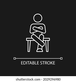 Closed body language white linear icon for dark theme. Crossed legs, arms. Showing discomfort. Thin line customizable illustration. Isolated vector contour symbol for night mode. Editable stroke