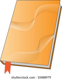 Closed book with abstract orange cover and red bookmark