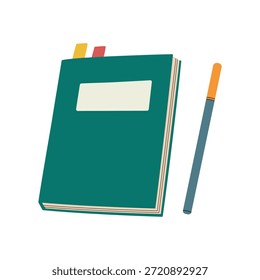 Ein geschlossenes Buch mit Lesezeichen und einem Stift. Ein Notizbuch für Notizen, ein Notizblock. Fiktion, ein Schulbuch, ein Skizzenbuch. Handgezeichnete, einzelne Vektorgrafik.