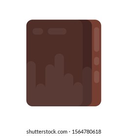 Closed book in flat style. Abstract illustration with closed brown book icon, rear view, on white background for motion design, UI, computer game, animation and clothing design. View 3/4.