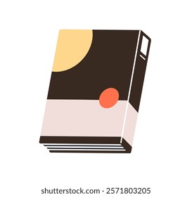 Closed book in hardcover. Fiction literature, paper novel with abstract hard cover, hardback design. Library textbook for reading, education. Flat vector illustration isolated on white background