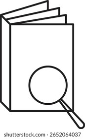 Livro fechado com ícone de lupa representando investigação, livro de pesquisa ou guia de estudo com fundo transparente
