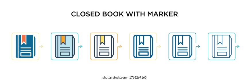 Closed book with marker vector icon in 6 different modern styles. Black, two colored closed book with marker icons designed in filled, outline, line and stroke style. Vector illustration can be used 