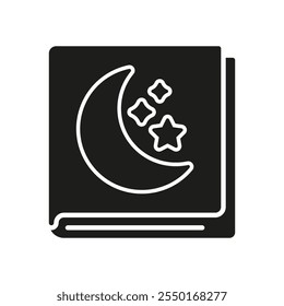 Closed Book With Moon And Stars Silhouette Icon. Nighttime Storybook Glyph Symbol. Book For Bedtime Reading. Isolated Vector Illustration.