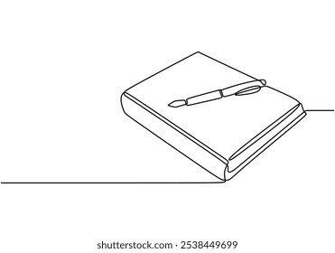 Geschlossenes Buch mit einem Stift auf der Oberseite in durchgehender einzeiliger Zeichnung dargestellt. Bildungskonzept, das Studienmaterial und Vorbereitung repräsentiert.