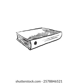 Closed book side view in black brush stroke texture. Hand drawn vector sketch illustration in vintage charcoal ink style. Library, book store, scientific work, reading process, novel, logo design.