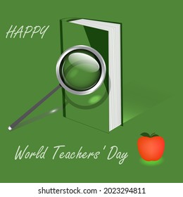 Closed book, standing on an edge, magnifying glass, red apple - vector. Education concept. Happy World Teachers Day. Back to school.