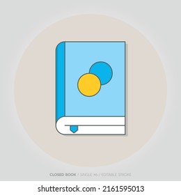 Closed book vector icon isolated in a flat style. Study and knowledge, library and education, science and literature, business. with marker and shadows, text and lines. Editable stroke.