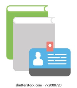 Closed books and an identity card of a researcher, flat icon
