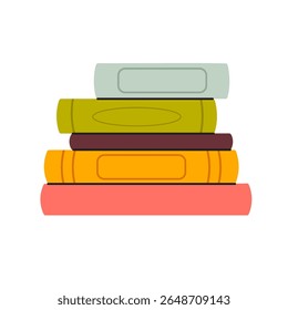 Libros cerrados apilados con espinas mirando al frente, en tonos cálidos y terrosos