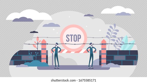 Closed border crossing point concept, flat tiny persons vector illustration. Corona virus COVID-19 pandemic quarantine or other country official restrictions. Travel limitation and inspection caution.