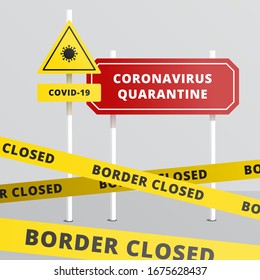 Closed borders due to coronavirus. COVID-19 symbol on the road sign. No trespassing because of quarantine. Infographic vector illustration of road signs and border police tape.