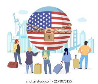 Closed borders to USA for immigration vector. People with luggage bag waiting for opening way to America illustration. Flag under closed with metal chain and lock over cityscape background design