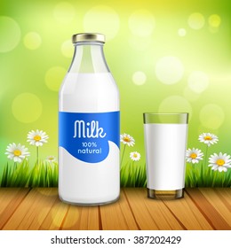 Closed bottle of natural milk with glossy cap and full glass of milk at green background with chamomiles vector illustration