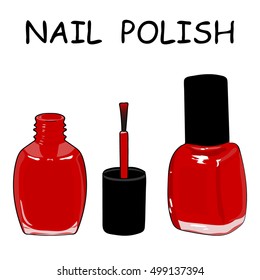 Closed bottle and open a bottle of red nail polish and a brush. Hand drawing nail polish. Vector illustration. Isolated vector nail polish object. Nail polish set.