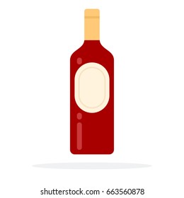 Closed bottle of red wine with emblem vector flat material design isolated on white