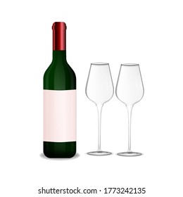 Closed bottle of wine and glasses for wine on a white isolated background..Illustration for web, poster, invitation to party. Stock vector illustration.