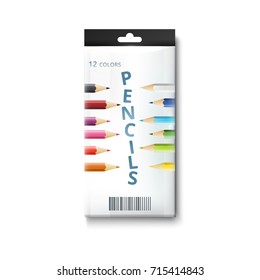 Closed box of colored pencils isolated. Vector illustration