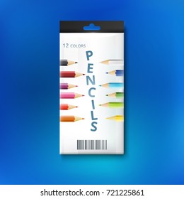 Closed box of colored pencils on blue background. Vector illustration