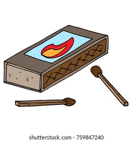 Closed box of matches with a picture of fire. Wooden matches. Scattered matches. Vector illustration.