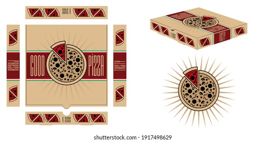 Closed box for pizza delivery viewed from above and in profile, decorated with simplified pizza illustration and graphic typography. 