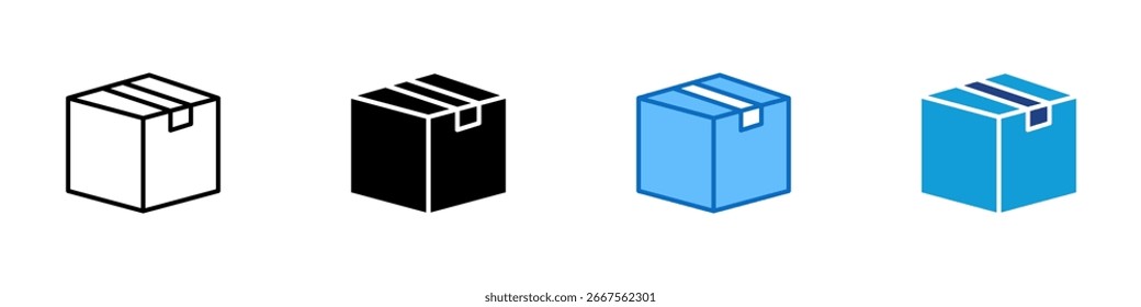 Closed Box Sheet Multiple Style Icon Vector Design - 3D perspective of a closed cardboard box, representing packed goods, shipment, or storage