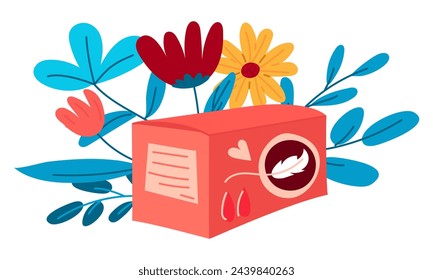 Closed box with tampons in flowers and branches. A cute hand-drawn tampon box is insulated. Vector illustration of a tampon box. The doodle style describes women's intimate hygiene, menstrual hygiene