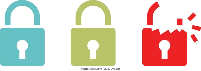Closed and Broken Padlock Security and Data Breach Icons