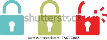 Closed and Broken Padlock Security and Data Breach Icons