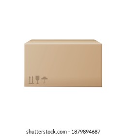 Closed brown carton box or cardboard packaging mockup, realistic vector illustration isolated on white background. Side view template of brown cardboard container.