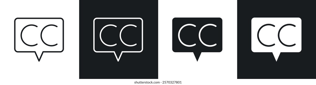 Closed caption icons vectors set in black. line and flat versions