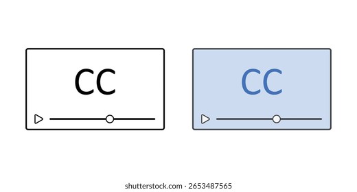 Ícone de legendas codificadas com "CC" dentro de um quadro de player de vídeo, ideal para acessibilidade de áudio, suporte a legendas e ilustrações de conteúdo de vídeo inclusivo.