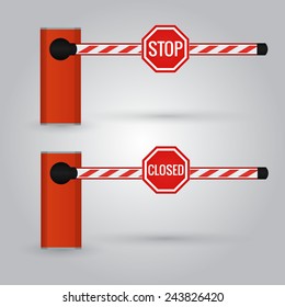 Closed car barrier isolated on white with stop and closed sings. Vector illustration.