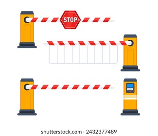 Closed car barriers with stop sign. Automatic parking gate barrier. Vector illustration