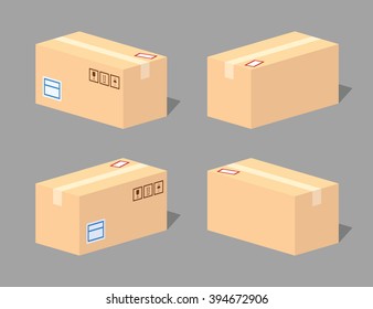 Closed cardboard box. 3D lowpoly isometric vector illustration. The set of objects isolated against the grey background and shown from different sides