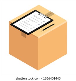 Closed cardboard box parcel with dispatch sheet invoice. Isolated on a white background. Checking delivery order. Vector 